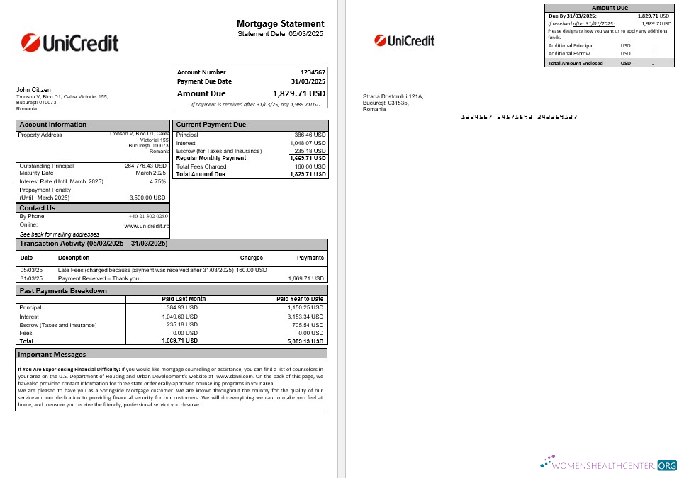 Download Romania Unicredit bank mortgage statement in Word and PDF formats Photoshop template